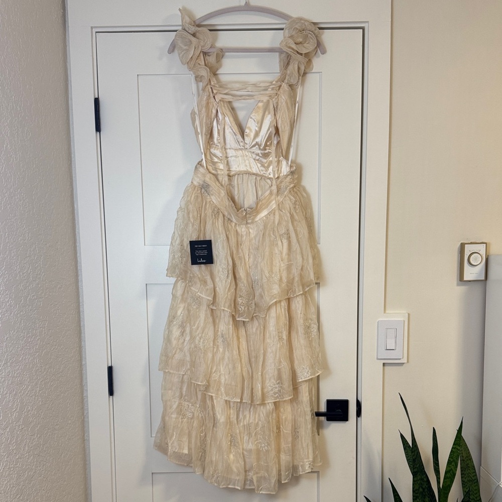 Whimsical Aura Champagne Embroidered Ruffled Lace-up Midi Dress - Picture 6 of 8